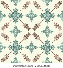 Elegant seamless vector pattern with intricate geometric floral motifs in teal and reddish-brown. Perfect for luxury wallpaper, interior decor, textile design, premium packaging with classic Damask.