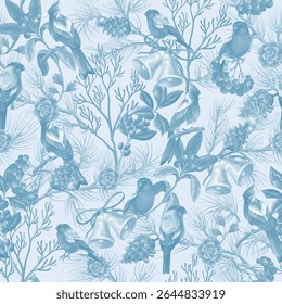 Elegant seamless vector pattern in monochrome blue tones featuring birds, pine branches, fir cones, bells, berries, holly, and winter floral elements. Vector.