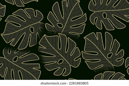 Elegant seamless vector pattern with monstera leaves in golden color on a dark green background. Luxury tropical rainforest leaf background. Monstera Philodendron leaves, tropical forest plant