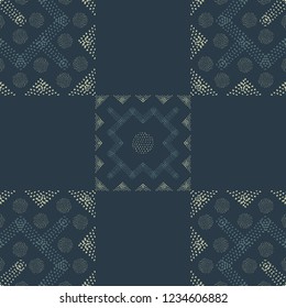 Elegant seamless vector pattern. Ornamental arrangement of small gold dots on a navy blue background. Great for winter event invitations, textiles, gift wrapping paper, home decor items and fashion.