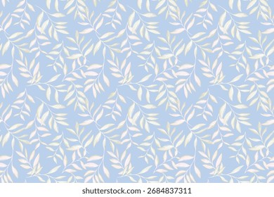 Elegant seamless vector pattern with pastel hand drawn leaves on a soft blue background. Artistic botanical design for textiles, wallpaper, wrapping, and stationery