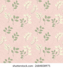 Elegante patrón de Vector sin costuras con follaje verde pastel y crema sobre un fondo rosa suave. Diseños para textiles, embalaje, Fondos de pantalla, decoración de la boda,