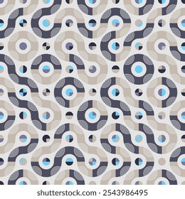 Elegant seamless vector pattern with random tiled wavy shapes, circles and semicircles. Modern geometric illustration for prints, home decor, fashion fabrics and stationery.