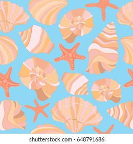 Elegant seamless vector pattern with seashells and starfish, vector illustration.Can be used for wallpaper, banner, pack, web page.