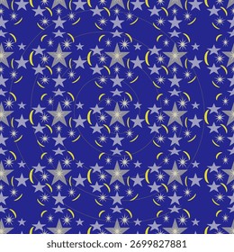 Elegant seamless vector pattern with soft-colored stars, crescent moons, and sparkling light effects on a rich blue night sky.