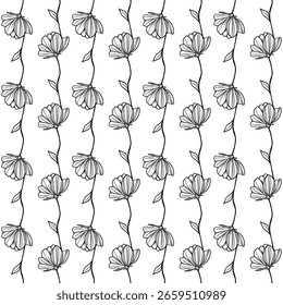 Elegante vetor sem costura padrão com flores de contorno preto estilizado no fundo branco, criando um design floral delicado e repetitivo.