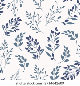 Elegant seamless vector pattern with stylized blue botanical sprigs and soft leafy branches on a light background, creating a fresh, modern design perfect for textiles and stationery