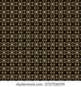 Elegante textura de vetor sem costura com estrelas geométricas de ouro metálico em um fundo preto profundo. Design sofisticado adequado para cartões VIP, embalagens de luxo, celebrações de Ano Novo, eventos de gravata preta e marca premium.