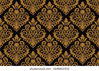 Elegant seamless vintage damask pattern in gold and black. Luxurious ornamental design perfect for wallpapers, fabrics, and upscale interior decor.