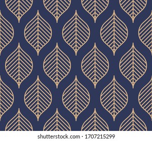 Elegant seamless wallpaper pattern background.Gold leafs on blue background. Art deco style Vector illustration. Minimal abstract design.