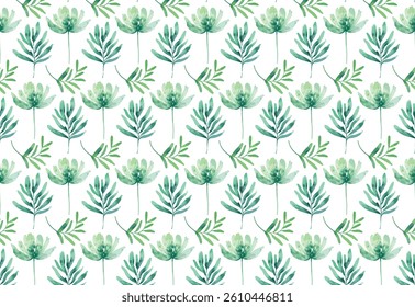 	
Elegant seamless watercolor floral pattern with green leaves – perfect for fabrics, wallpapers, eco packaging, and modern botanical designs.	