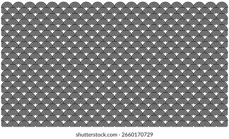 Elegant seamless wave pattern inspired by traditional Japanese Seigaiha motif. Thin black lines on white background, perfect for modern backgrounds, textile, packaging, or digital use.