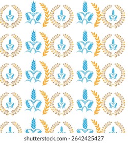 Elegant seamless wheat pattern featuring golden laurel wreaths and blue wheat stalks on a white background. Perfect for food, farming, and bakery designs. Ideal for creating backgrounds and repeating.