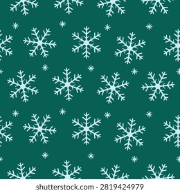 Elegant seamless winter pattern featuring white snowflakes scattered across a dark green background.