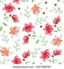 elegant seammes pattern red flowers with leaves and buds. Imitation of watercolor, hand drawing, isolated on white background