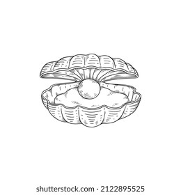 Elegant seashell with mollusk and pearl inside, monochrome sketch vector illustration isolated on white background. Hand drawn retro marine element, underwater life concept.