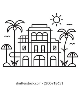 Elegant seaside building with palm trees under sunny skies