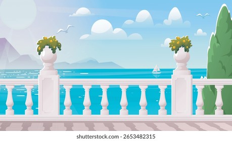 Elegant seaside terrace with white balustrade, potted plants, and ocean view, featuring mountains, clouds, and sailboats in a flat cartoon style. Vector illustration