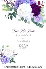 Elegant seasonal dark flowers vector design wedding frame. Purple and violet rose, white and deep blue hyrangea, seeded eucalyptus, greenery. Floral style border.All elements are isolated and editable