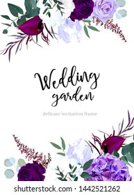 Elegant seasonal dark flowers vector design wedding frame. Purple and violet rose, white and deep blue hyrangea, astilbe, anthurium, iris, eucaliptus. Floral style border.All elements are isolated.
