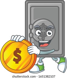 an elegant security box closed mascot cartoon design with gold coin