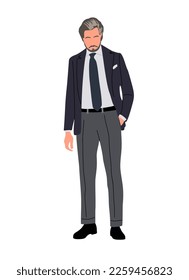 
Elegant senior businessman character in formal office outfit. Stylish mature man wearing suit, tie. Elderly gray-haired person with beard. Hand drawn vector realistic illustration isolated on white.
