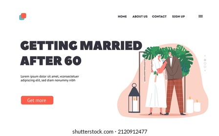 Elegant Senior Couple Wedding Ceremony Landing Page Template. Happy Newlywed Characters Man and Woman Get Married, Aged Bride and Groom Holding Hands and Smile. Cartoon People Vector Illustration