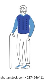 Elegant senior man with walking stick semi flat color vector character. Standing figure. Full body person on white. Simple cartoon style illustration for web graphic design and animation