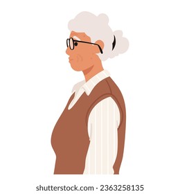 Elegant Senior Woman Stands Gracefully In Profile, Silver Hair Framing Her Face, Exuding Wisdom And Poise With A Hint Of Nostalgia. Aged Female Character Side View. Cartoon People Vector Illustration