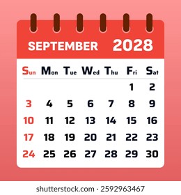 Elegant September 2028 calendar with a simple yet effective format. Useful for setting deadlines, managing appointments, and staying organized.
