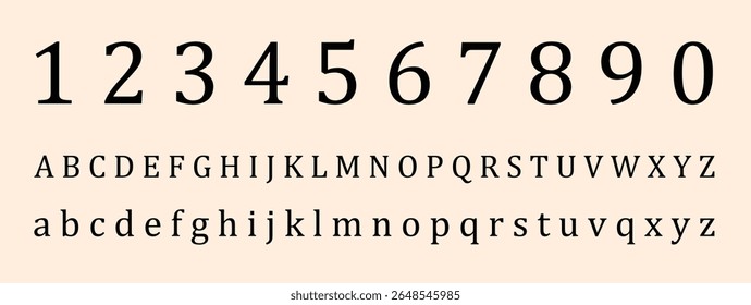 Fonte Serif Elegante Exibindo Números e Alfabetos em Estilos de Maiúsculas e Minúsculas