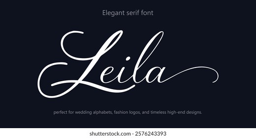 Elegant serif font "Leila" crafted for luxury branding and logo creation. This classic and minimal typeface is perfect for wedding alphabets, fashion logos, and timeless high-end designs.