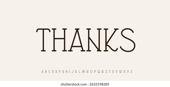 Elegant serif font spelling thanks in classic minimalist style. Refined vintage typography with clean lines. Ideal for wedding invitations, branding, and greeting cards. Vector illustration.