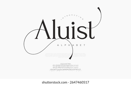 Fonte serif elegante com swashes de varredura e curvas refinadas. Ideal para marcas de luxo e design editorial