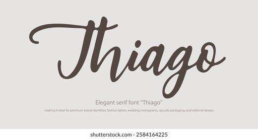 Elegant serif font "Thiago" designed for luxury branding and high-end logo creation. This sophisticated typeface blends timeless elegance with modern refinement, making it ideal for premium brand