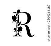 Elegant serif letter R enhanced with hand drawn floral elements creating a timeless botanical monogram. Black vector illustration designed for logos, invitations, branding and decorative applications