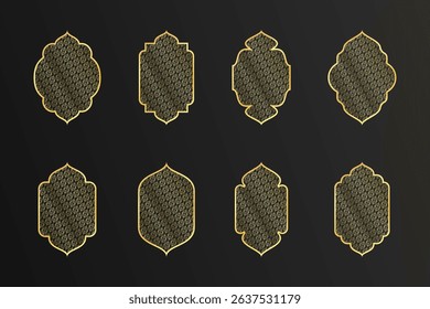 Elegant set of 8 golden Islamic ornamental frames with intricate geometric patterns on a dark background, perfect for luxury design and decoration.