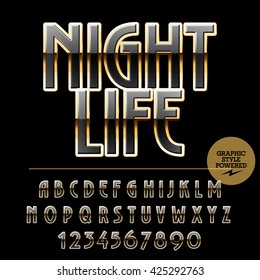 Elegant  set of black and golden alphabet letters, numbers and punctuation symbols. Vector logotype with text Night life