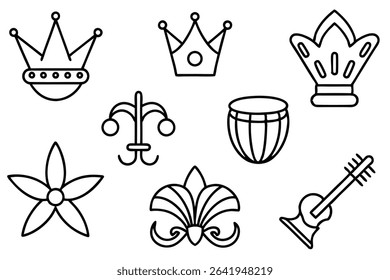 Elegant set of black and white outline drawings featuring crowns musical instruments and decorative floral elements