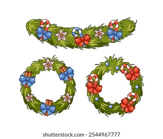 Elegant Set Of Christmas Tree Wreaths And Garlands Featuring Candy Canes, Colorful Bows, And Seasonal Elements Ideal For Festive Decorations And Joyful Holiday Celebration Isolated on White Background