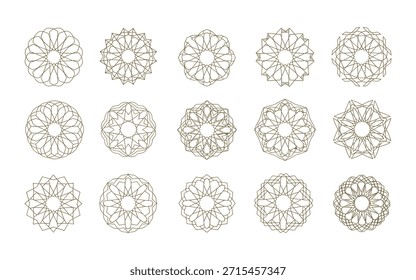 Elegante conjunto de patrones geométricos islámicos circulares y mandalas en arte de línea dorada. Perfecto para marcas de lujo, decoraciones de Ramadán y motivos étnicos tradicionales.