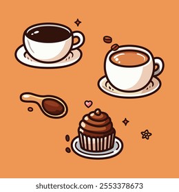 Un elegante conjunto de ilustraciones con temática de café con tazas humeantes, un cupcake de chocolate y una cuchara. Perfecto para menús de cafetería, branding o diseños creativos acogedores