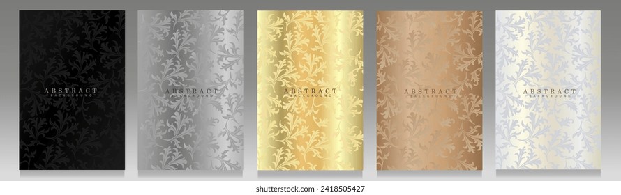 Elegant set of covers. Leaf pattern, shaded colors and glossy effect. Black, silver, gold, brown and white template for a luxurious and graceful background,invite wedding, beauty and fashion brochure.