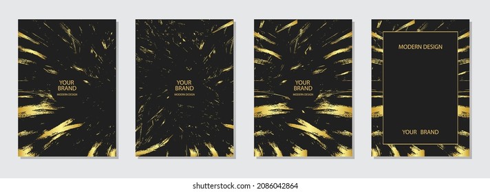 Elegante conjunto de cubiertas de diseño. Fondo negro geométrico festivo con patrón abstracto, textura de grunge dorado. Colección de plantillas verticales premium para menú, folleto, diseño de volante, presentación