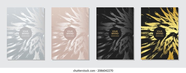 Elegant set of design covers. Luxurious geometric background with abstract pattern in gold, pink, white, black colors. Premium vertical vector templates for menu, brochure, flyer layout, presentation