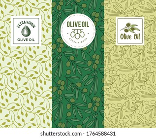 Elegant set of design elements, labels, icon, frames, seamless pattern backgrounds for packaging in trendy linear style.