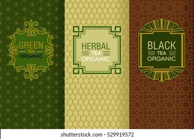 Elegant set of design elements, labels, icon, frames, seamless backgrounds for packaging in trendy linear style for for black, herbal and green tea.