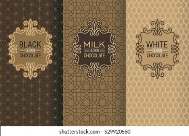 Elegant set of design elements, labels, icon, frames, seamless backgrounds for packaging in trendy linear style for chocolate and cocoa package -white, milk and dark chocolate.