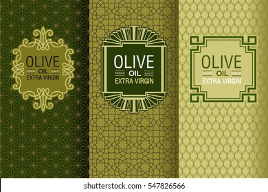 Elegant set of design elements, labels, icon, frames, seamless backgrounds for packaging olive oil emblems and bottles.