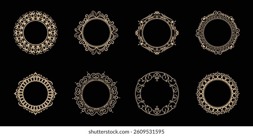 Elegant set of eight gold ornate frames with intricate vintage detailing. Ideal for luxury branding, wedding invitations, decorative borders, antique designs, and classic ornamental patterns.